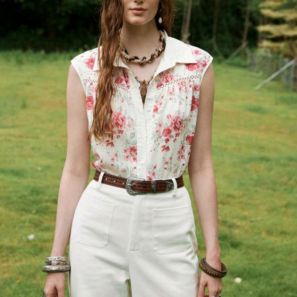 Women's Casual Sleeveless Floral Print Shirt Western Tops Floral Western Blouse - Picture 3 of 6